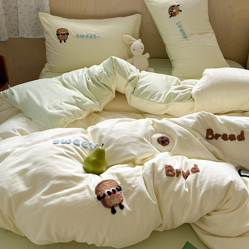 毛巾绣面包人水洗棉床上四件套学生宿舍床单被套三件套非纯棉全棉