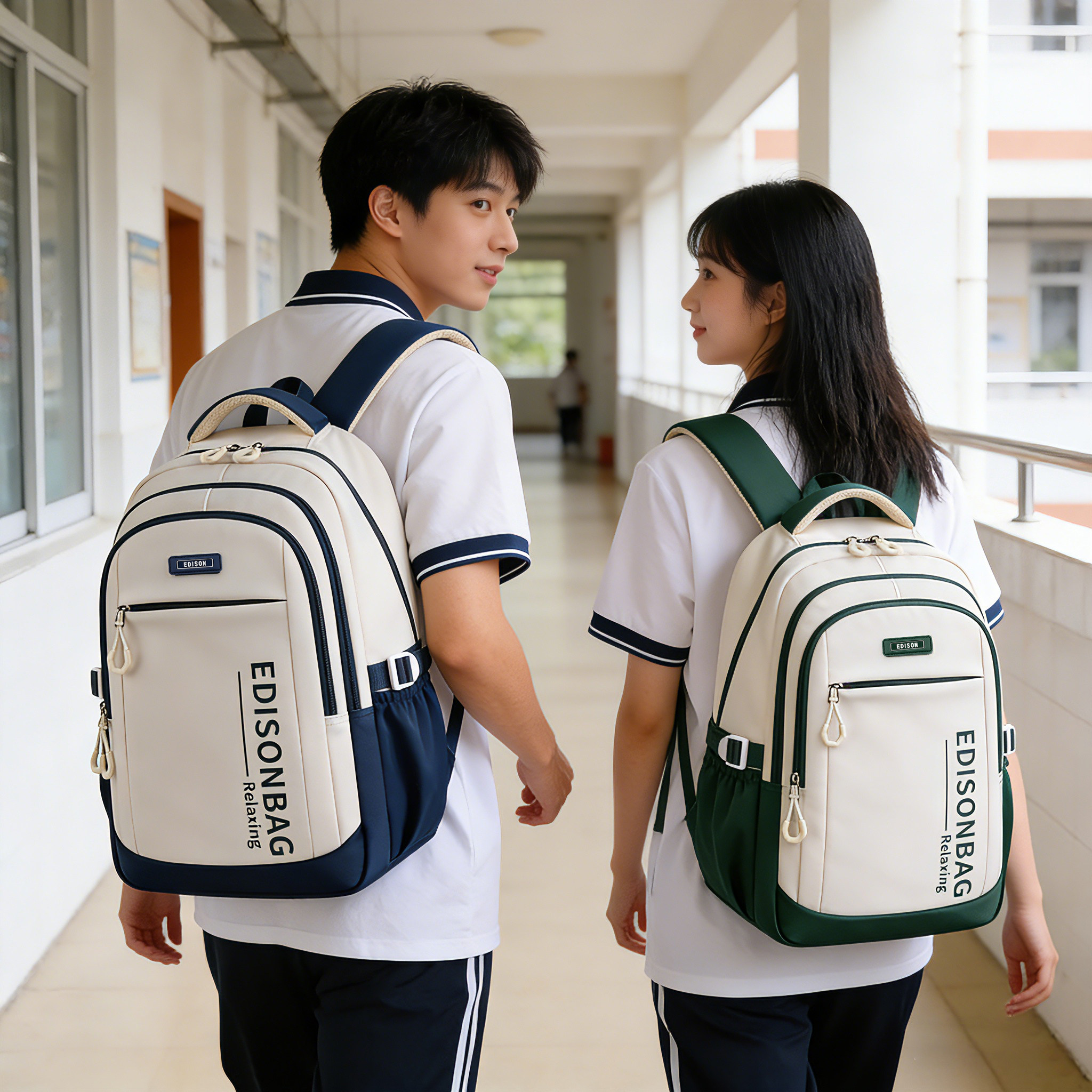 Edison爱迪生初中生书包轻便护脊大容量双肩包中学生休闲减负背包