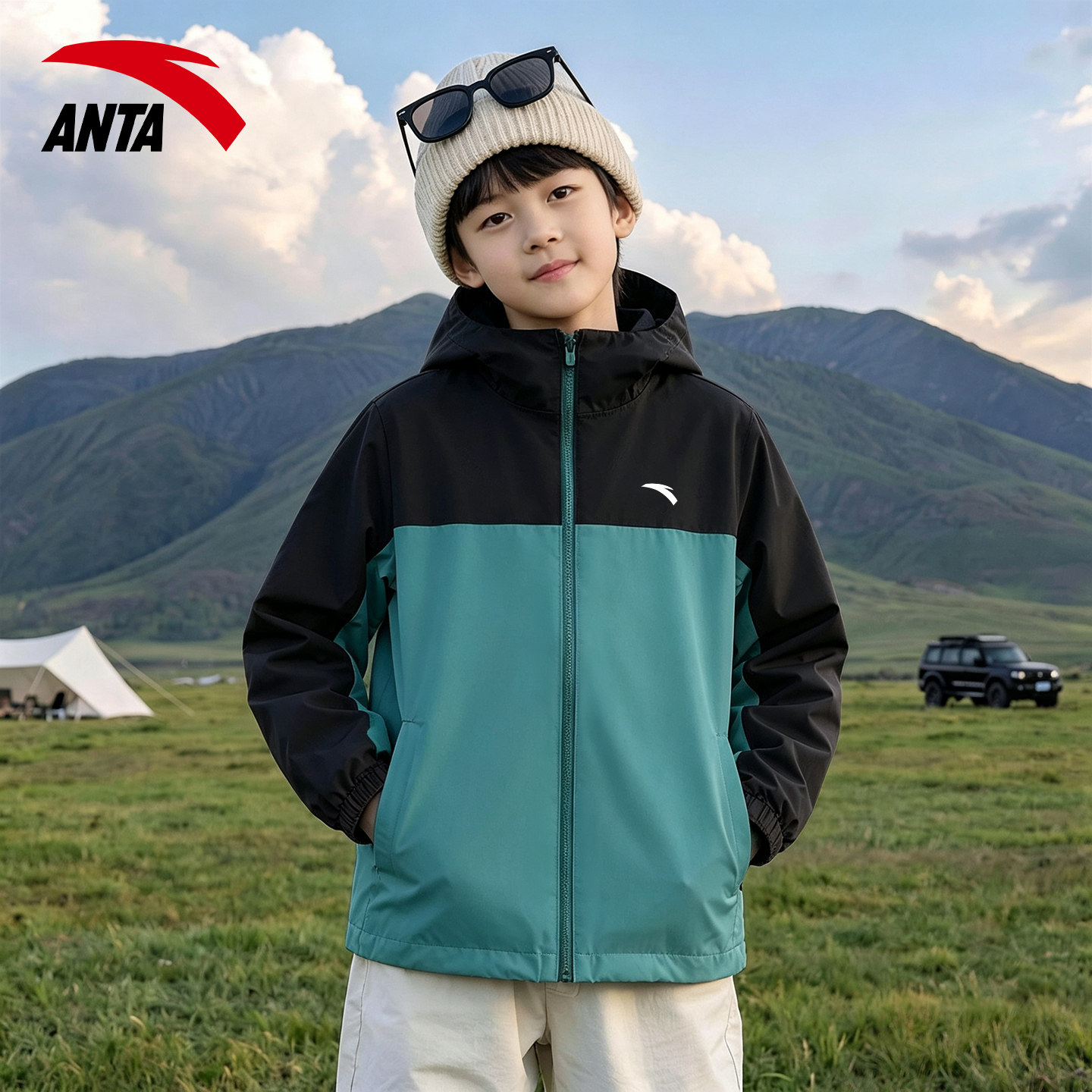 安踏儿童连帽外套男童秋季防风防泼水运动服宽松薄款潮流百搭上衣