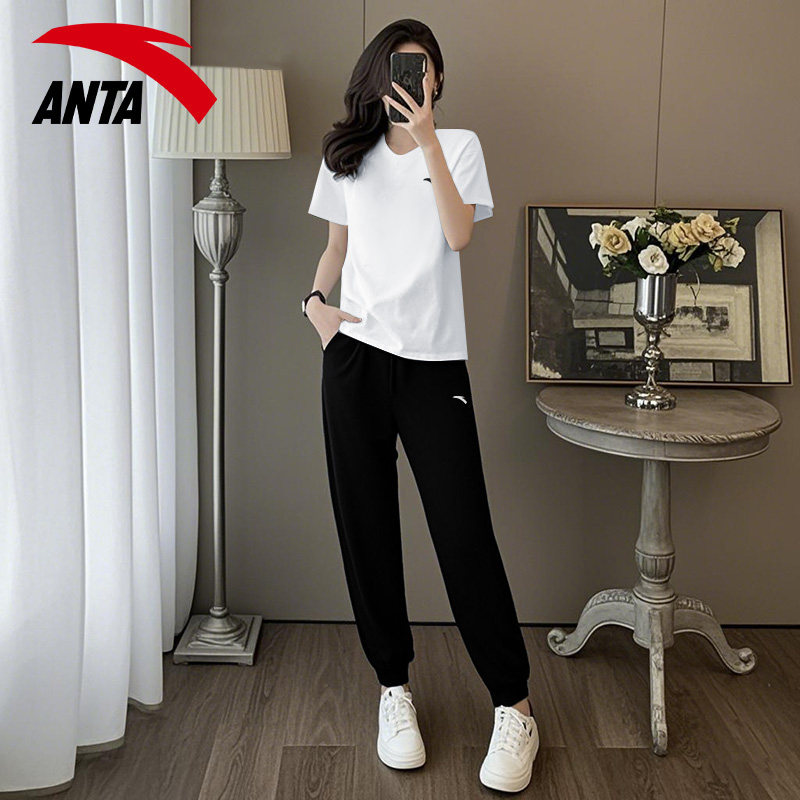 安踏休闲运动套装女夏季款时尚薄款透气跑步健身宽松大码短袖长裤