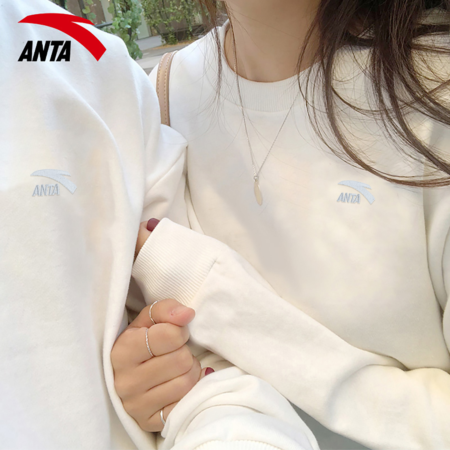 安踏情侣长袖卫衣男女春季宽松无帽圆领套头衫白色休闲运动服上衣