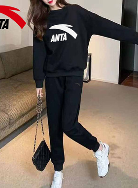 安踏运动套装女黑色显瘦卫衣卫裤春季宽松大码长袖时尚休闲运动服