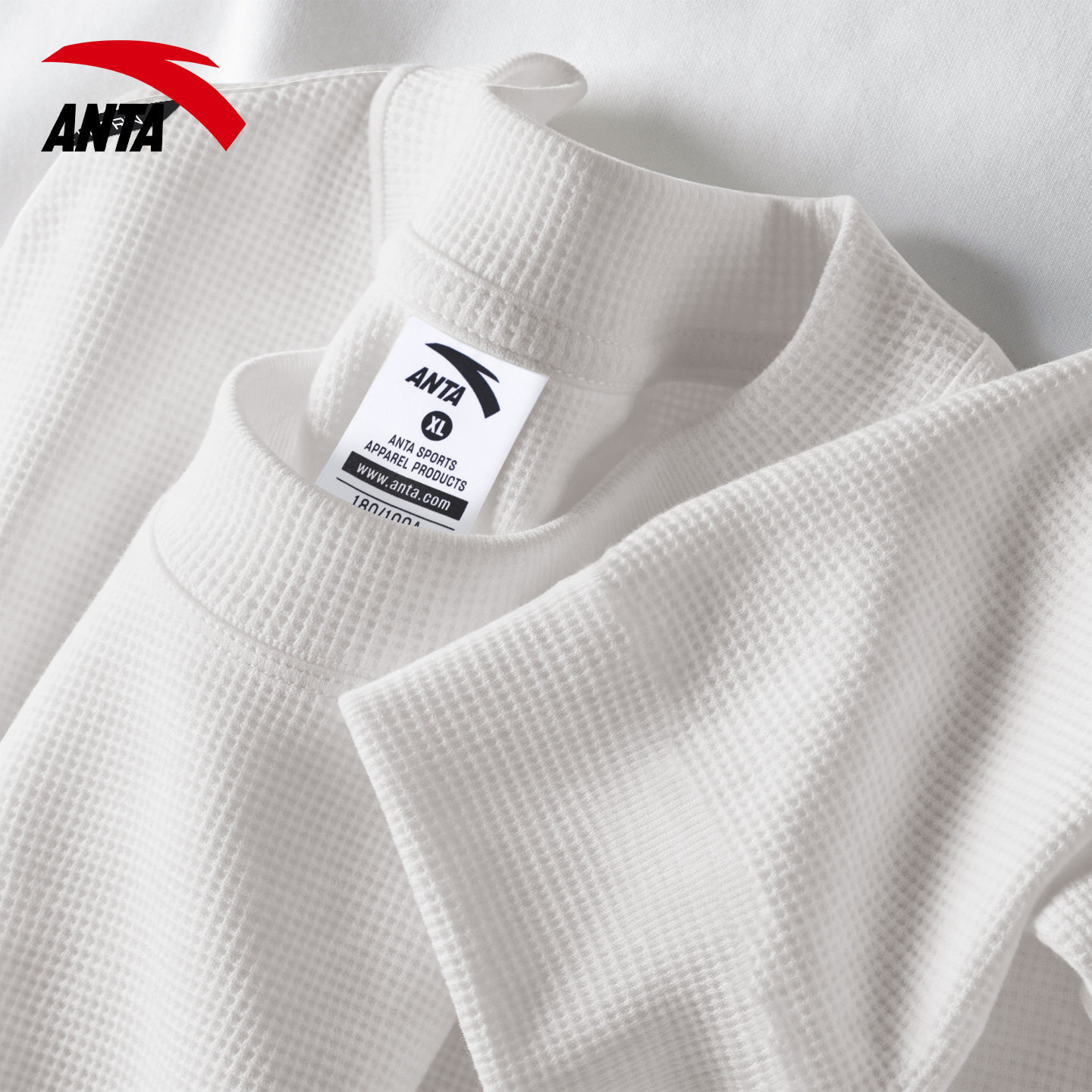 安踏华夫格长袖T恤男春季休闲圆领百搭套头衫宽松透气跑步运动服