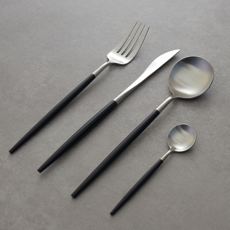 秋和岚匠 黑银北欧304不锈钢牛排刀叉勺三件套装西餐具甜品叉勺