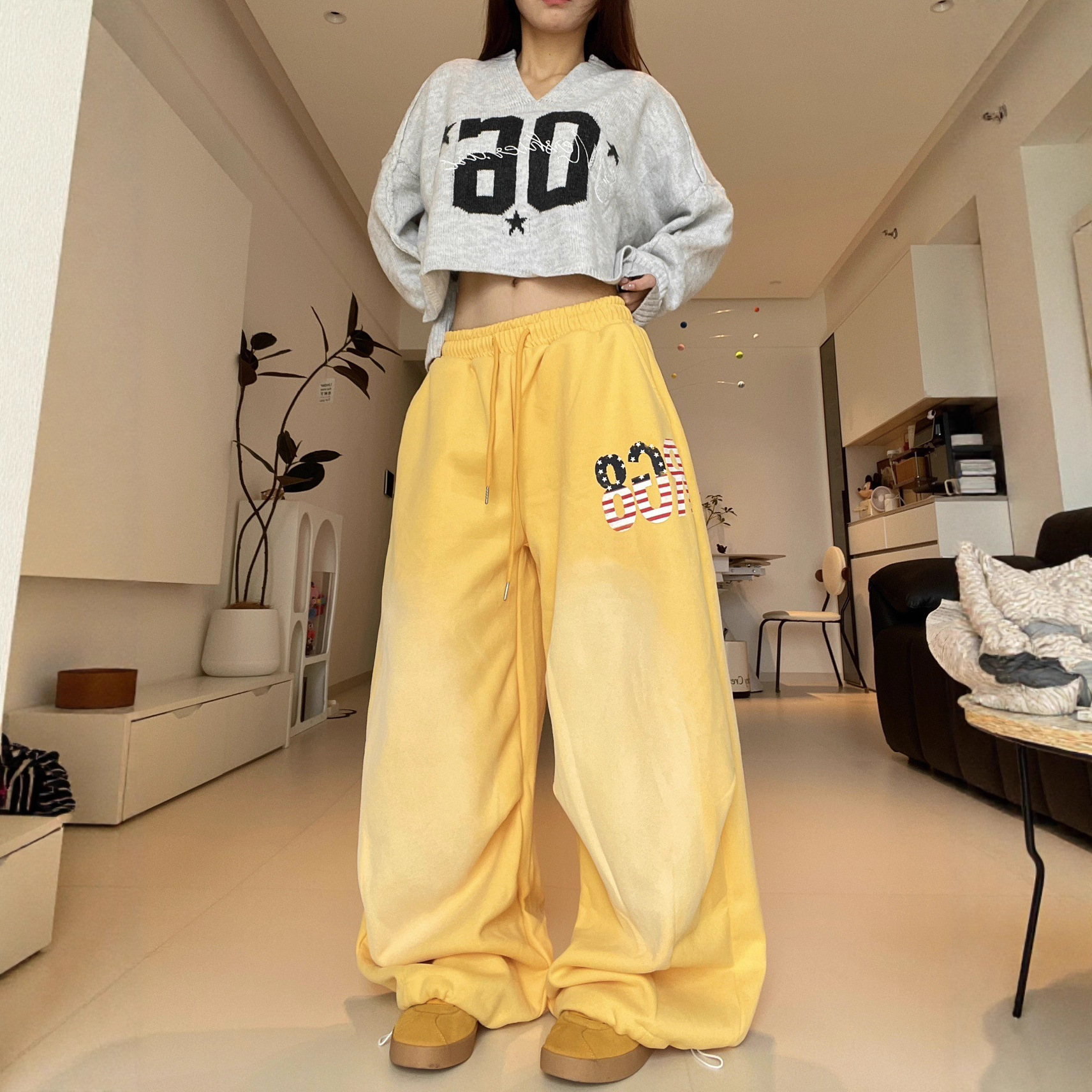 大码水洗做旧黄色美式hiphop卫裤女宽松阔腿休闲运动裤设计感裤子