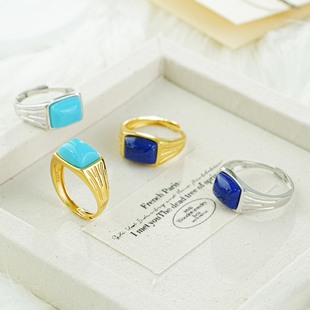 S925镀18K金银长方形设计青金石绿松石活口指环时尚通勤高级感