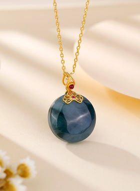 S925纯银镀18K金镶嵌天然蓝水翡翠大圆牌吊坠花丝精工精致复古