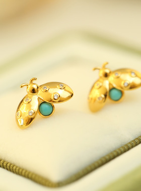S925银镀18k金七星瓢虫耳钉绿松石甲壳虫萤火虫耳钉古法耳钉高级