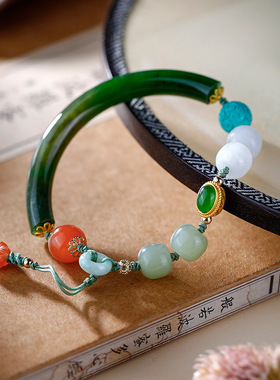 S925纯银镀18K金镶碧玉半镯和田玉多宝绿松精致典雅优雅新中式女