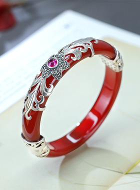 S925纯银镶玛瑙手镯开口戒指母亲节节日复古个性典雅精致