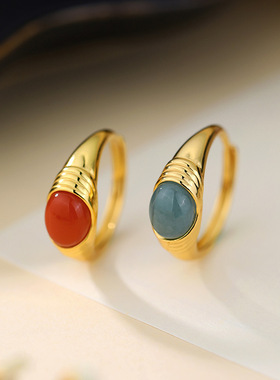 S925纯银镀18K金镶蓝水翡翠南红戒指精致雅致古风新中式复古个性