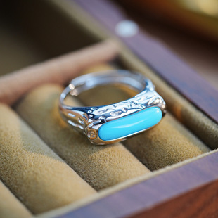 S925银镀18k金青金石绿松石几何长方形复古民族风时尚活口戒指