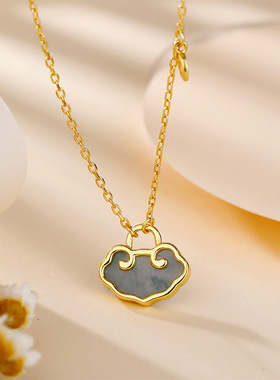 S925纯银镀18K金镶嵌蓝水翡翠项链简约复古新中式气质时尚