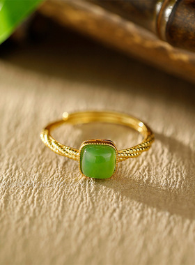 S925纯银镀18K金镶和田碧玉戒指方糖简约时尚现代古风典雅精致