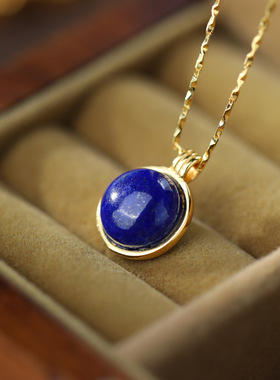 S925纯银镀18k金镶嵌青金石项链圆形蛋面精致简约仙气时尚潮流