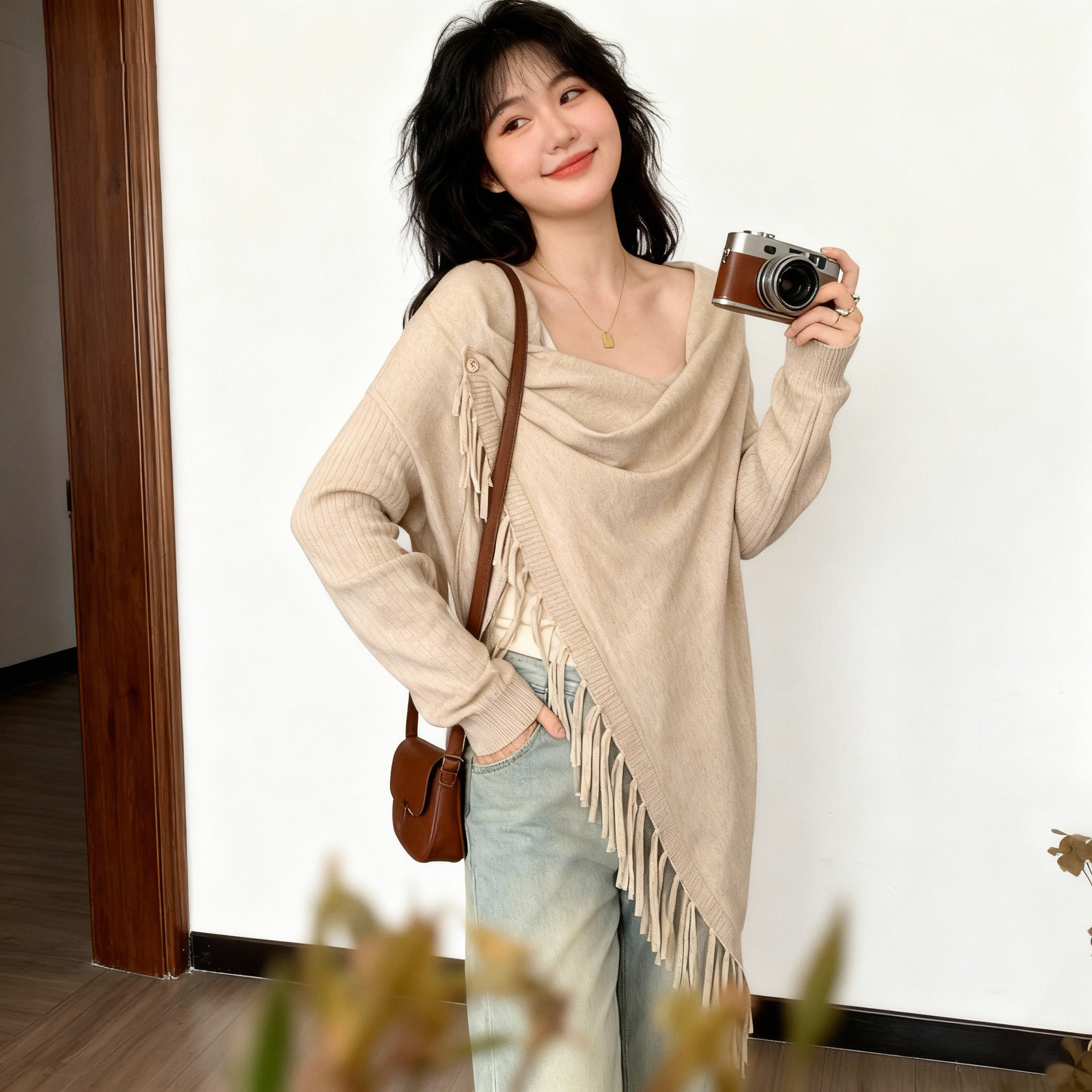 大码法式流苏下摆两穿长袖针织开衫毛衣女秋冬胖MM显瘦高级感上衣