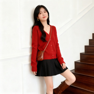 女装 胖MM显瘦温柔风长袖 新款 毛衣秋冬季 上衣 V领简约针织开衫 大码