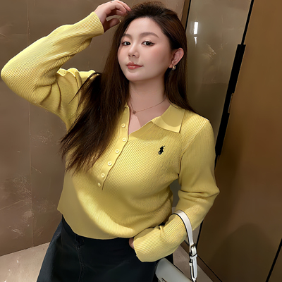 大码韩系高级感翻领长袖针织衫女秋季胖MM显瘦修身打底衫内搭上衣