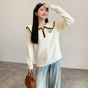 大码 上衣女秋冬微胖MM显瘦减龄半拉链毛衣 设计感撞色娃娃领针织衫