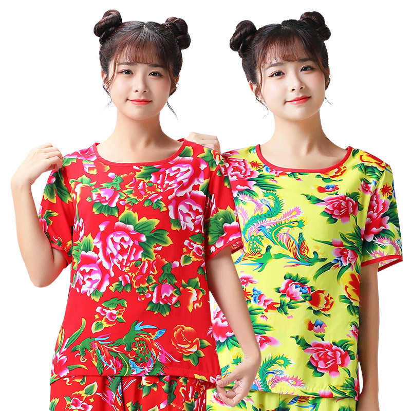 东北大花布短袖棉绸短袖夏季清凉潮流男装抖音快手网红半袖演出服