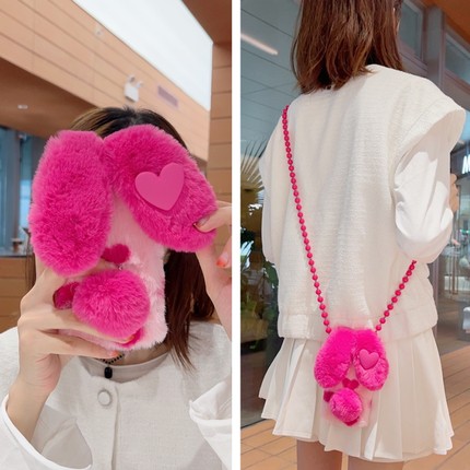 玫红毛绒兔耳朵opporeno10pro手机壳reno9毛茸茸reno8pro+秋冬RENO6/7se背带Reno5/4/3pro斜挎ACE2挂绳2Z适用