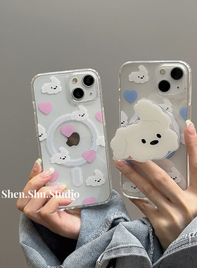 透明爱心小狗磁吸支架iphone15promax手机壳苹果14情侣12/13pro可爱11新款xs/xr卡通7/8plus软15plus全包se2