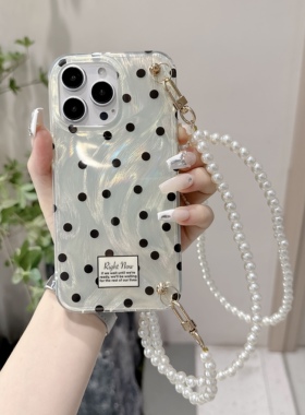 斜挎珍珠链适用vivos17/s18pro手机壳s16pro斜跨s15e羽纱黑波点s10/s12prot带挂绳S9E/s7可背S15PRO女S17PRO