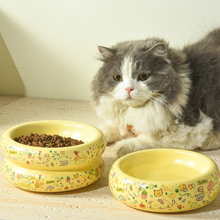 涂鸦猫碗陶瓷不易打翻保护颈椎大口径猫食盆狗狗宠物碗喂猫盆餐具