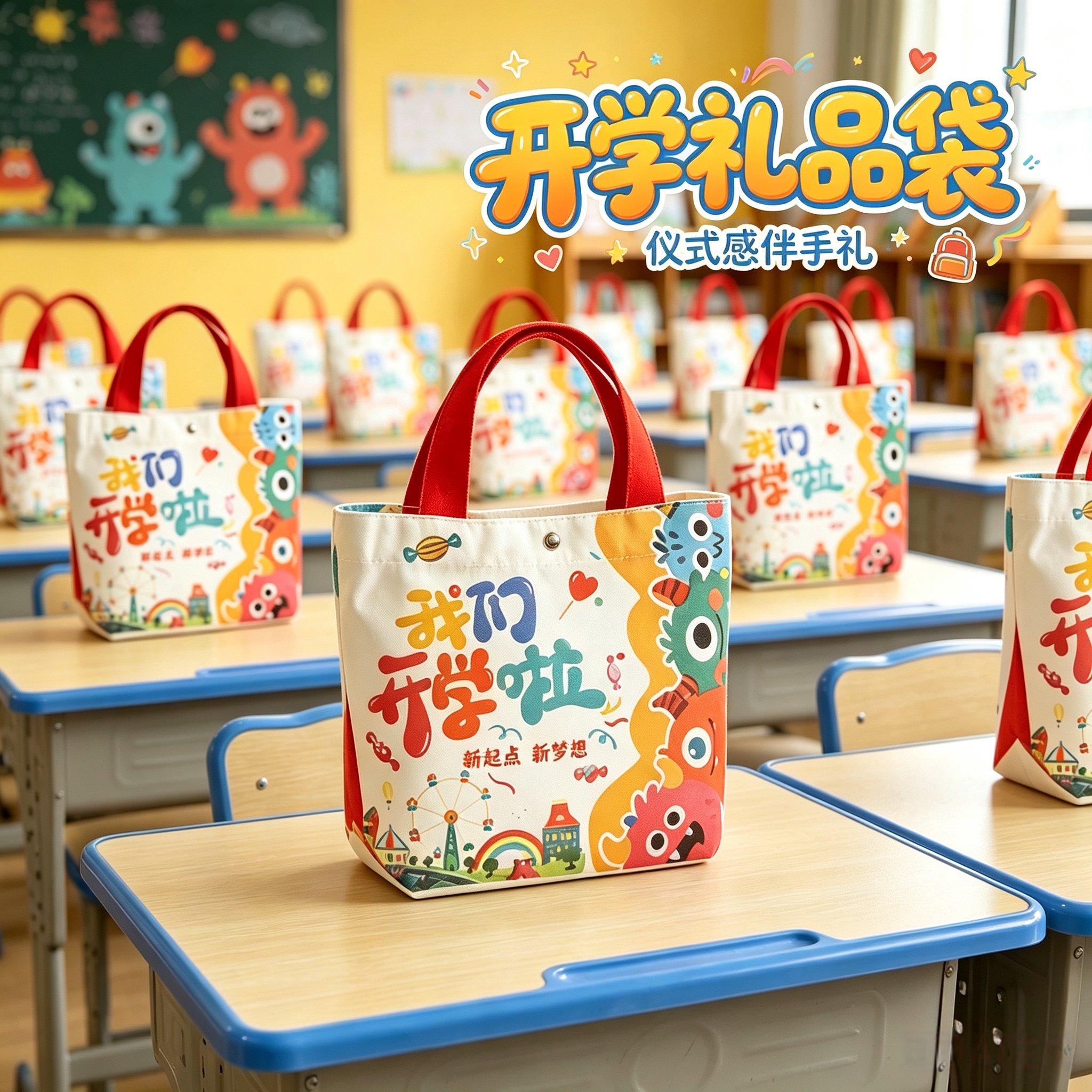 开学礼物幼儿园小学生一年级仪式感帆布礼品袋手提袋实用卡通挎包