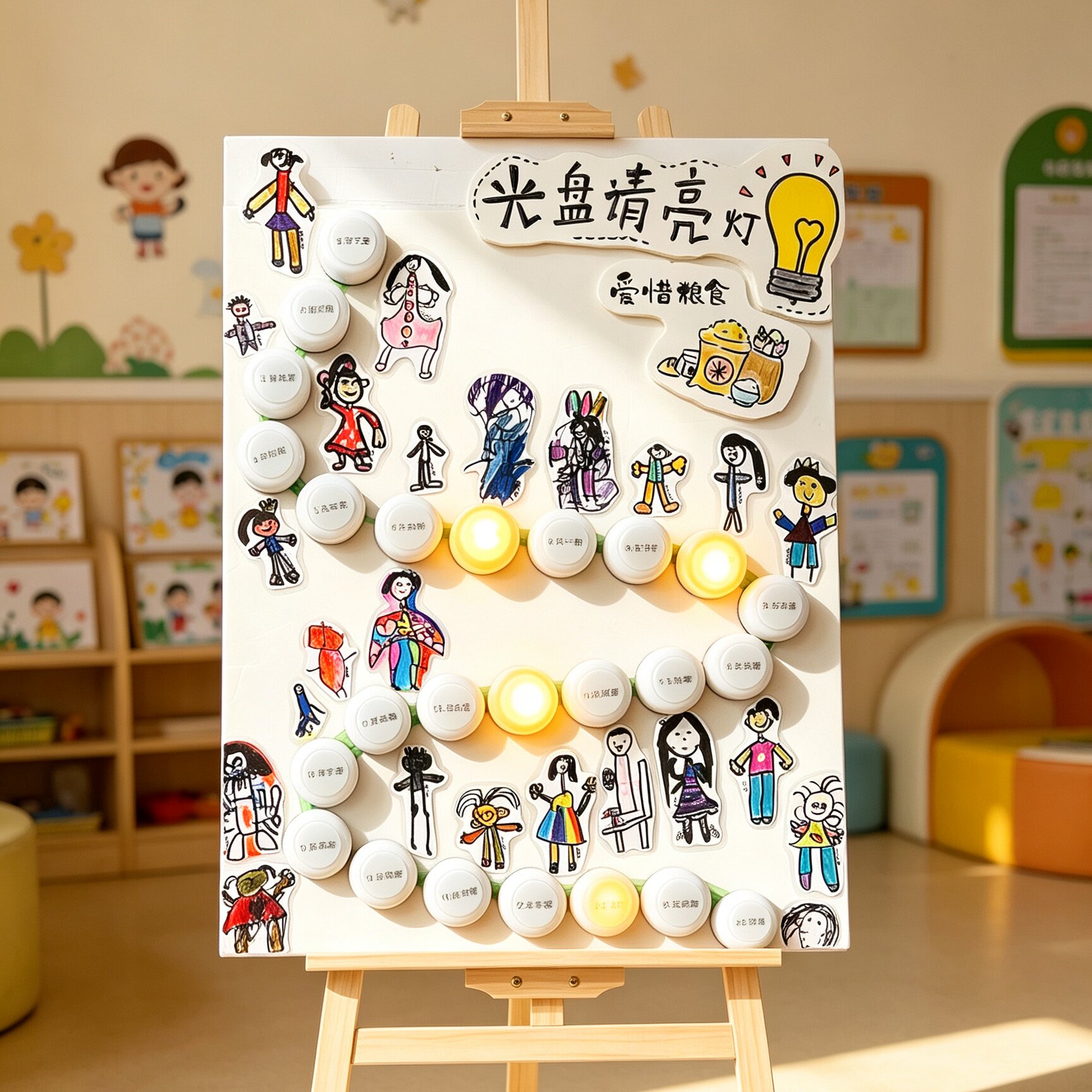 幼儿园中班大班光盘行动亮灯环创展板装饰拍拍灯儿童签到互动装置