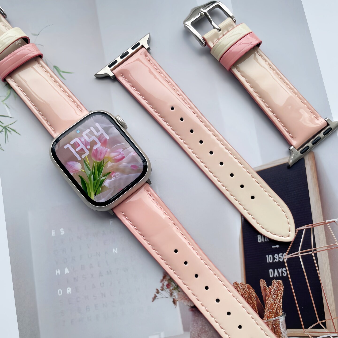 适用苹果S11手表带渐变粉色牛皮iWatchs10高级ins柔软42mm女春夏