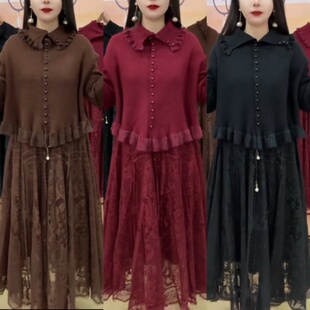 时尚妈妈蕾丝套装连衣裙女秋冬新款超好看配大衣毛衣打底裙两件套