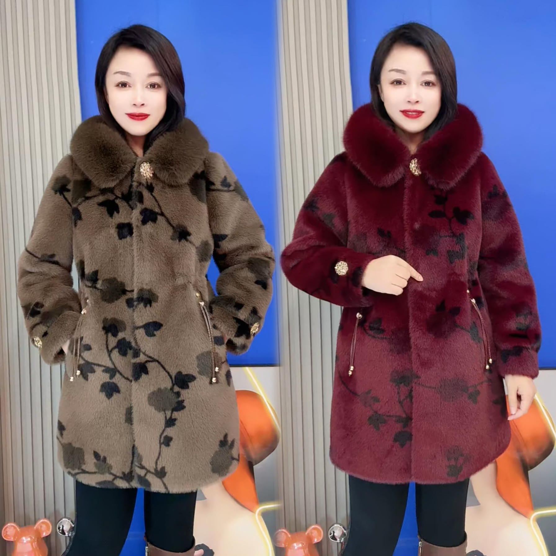 秋冬新款枫叶收腰中长款女士大衣时尚连帽仿貂绒皮毛一体加厚棉衣