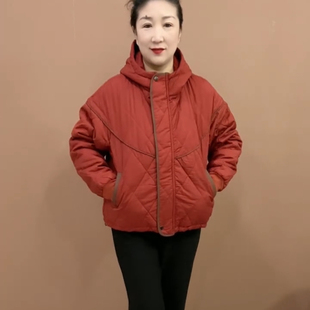 休闲通勤连帽宽松棉衣2025秋冬季拼接女士保暖棉服外套中年妈妈装