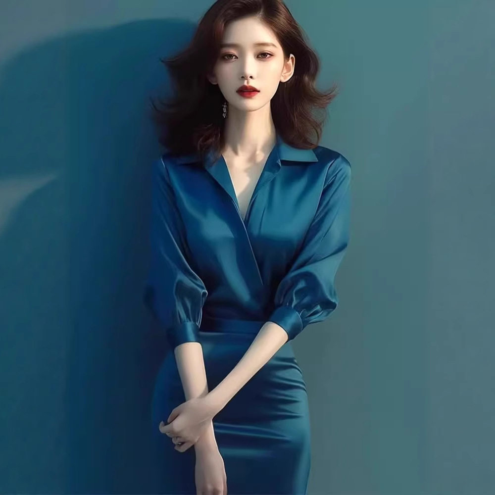 秋季春季上流社会高端精致女神范气质高冷御姐风蓝色缎面连衣裙子