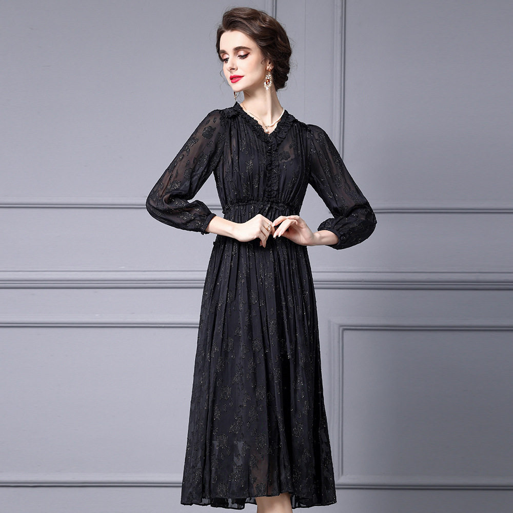 女装上流社会连衣裙黑色木耳边长袖收腰显瘦长款裙子2025新款