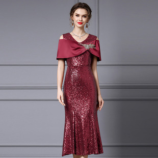 女装宴会连衣裙女2025新款夏季重要场合珠片钉钻短袖露肩鱼尾