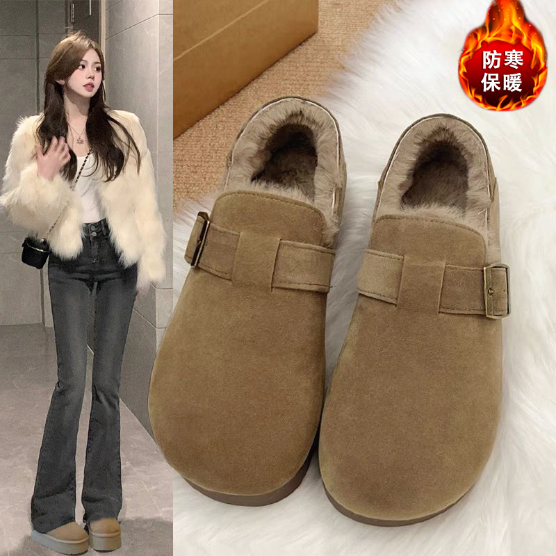 加绒勃肯鞋女冬季棉鞋子2025新款一脚蹬毛毛乐福鞋外穿保暖1215r