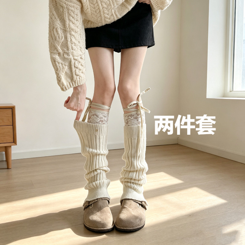 秋冬宽纹针织袜套女蕾丝绑带小腿两件套圆标叠穿羊毛开叉百搭腿套