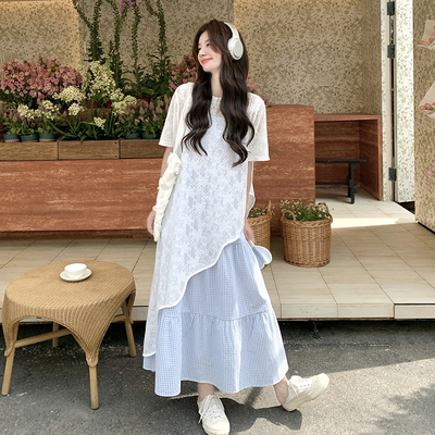 绝美小清新洋装女夏2025新款度假风不规则罩衫格子吊带裙两件套