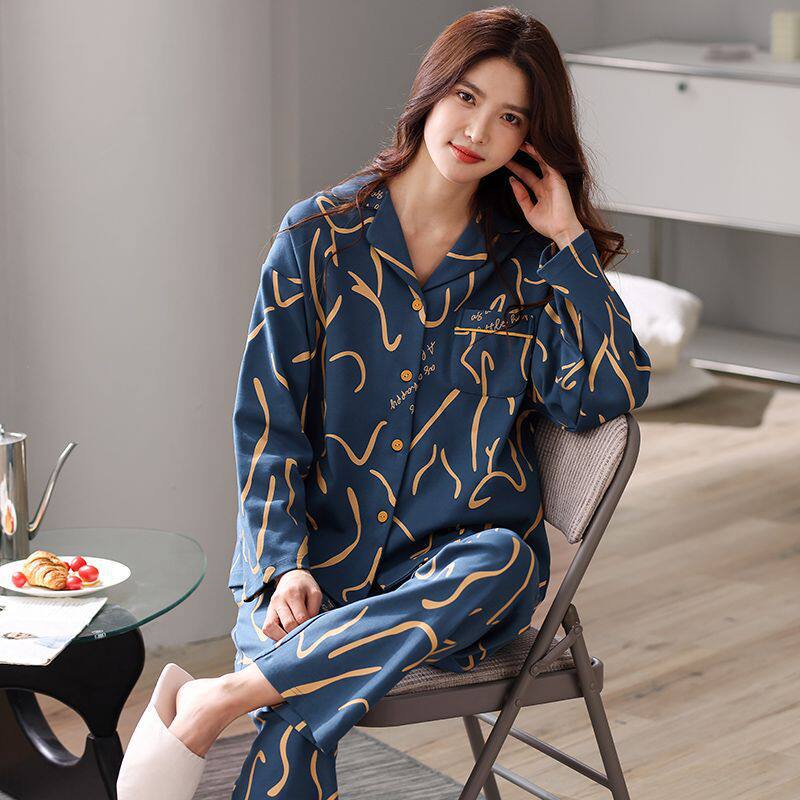 睡衣女士春秋季长袖100%纯棉翻领休闲女式春夏款家居服套装