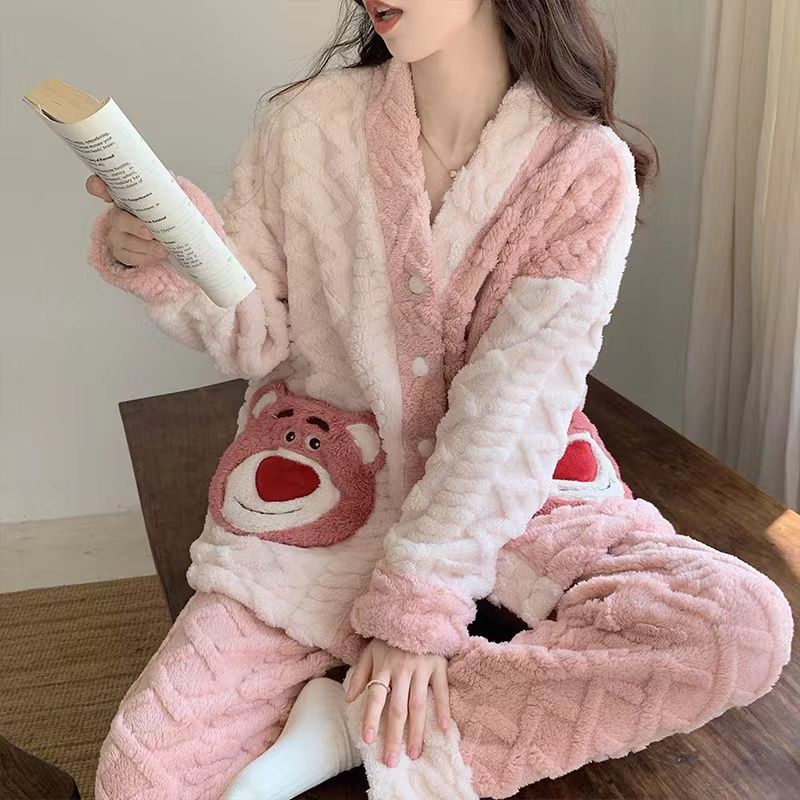 珊瑚绒睡衣女冬天加厚提花开衫家居服睡衣女秋冬可外穿保暖