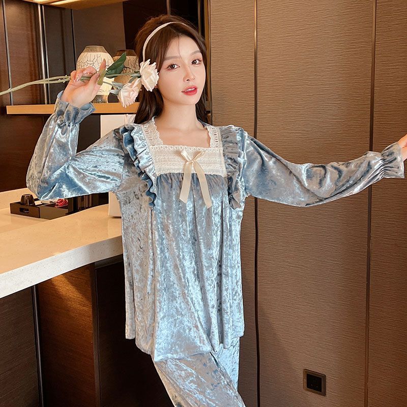 高级感金丝绒睡衣女秋冬季网红宫廷公主风长袖甜美薄绒家居服套装