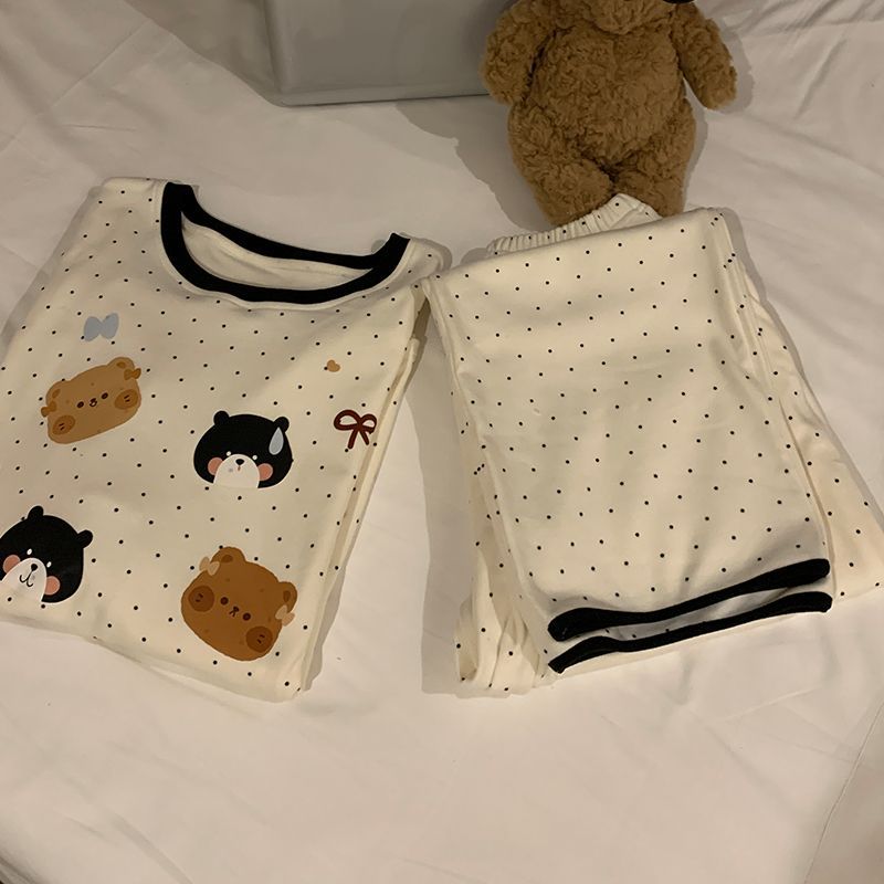 德绒睡衣女秋冬季卡通小熊长袖长裤家居服冬天圆领薄款可外穿套装