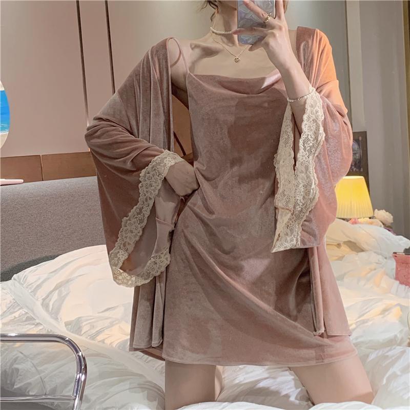 胖mm300斤大码金丝绒睡裙套装秋冬网红拼接蕾丝睡袍家居服套装潮