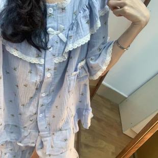 家居服套装 法式 碎花蕾丝学生宿舍短袖 网红甜美清新睡衣女夏季 新款