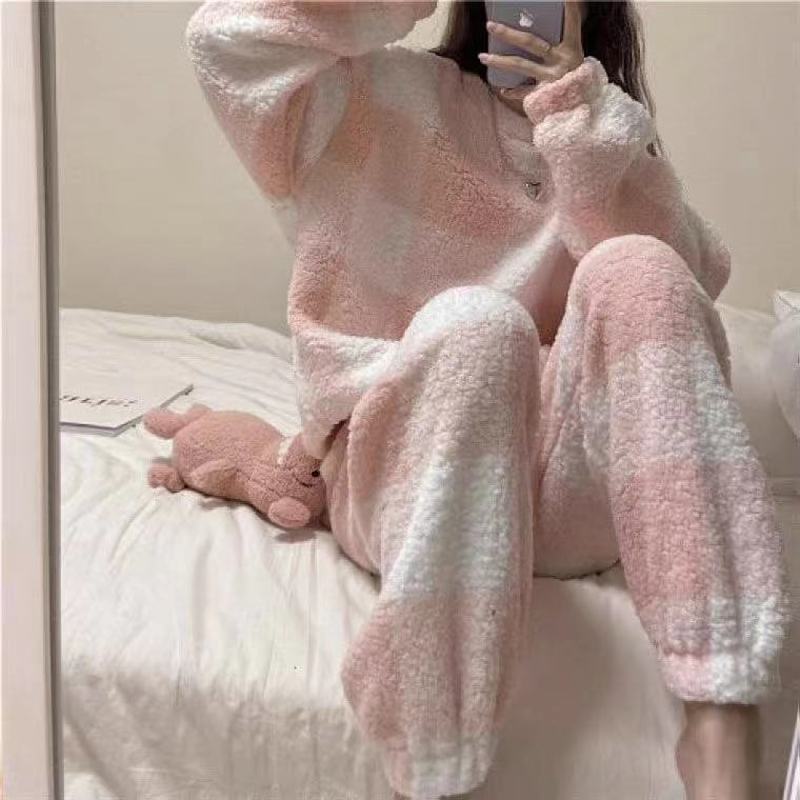 睡衣女冬珊瑚绒秋冬季加绒加厚可爱学生ins法兰绒韩版家居服套装