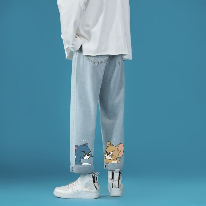 卡通牛仔裤男秋季潮牌宽松直筒休闲裤子2021年新款韩版潮流九分裤