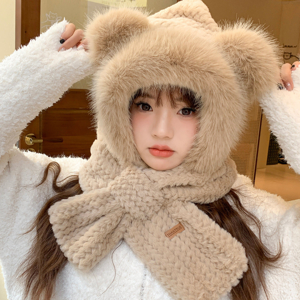真享帽子女2023新款秋冬季小熊可爱保暖帽护颈围脖出行御寒雷锋帽