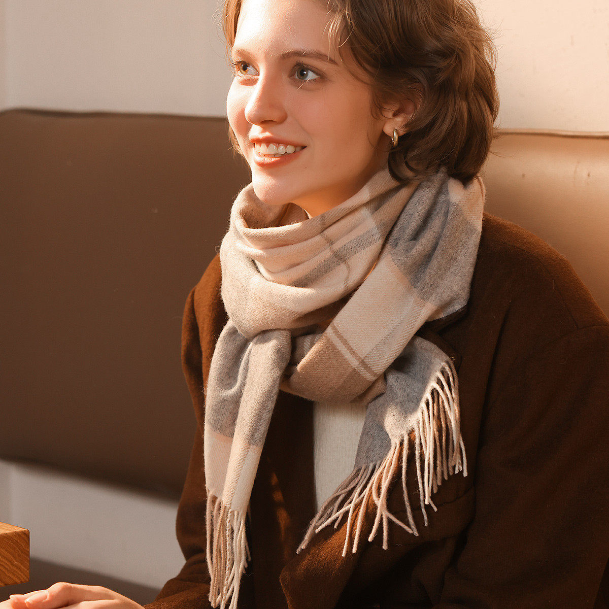 真享【100%绵羊毛】围巾女秋冬季格子条纹保暖百搭男女情侣款围脖